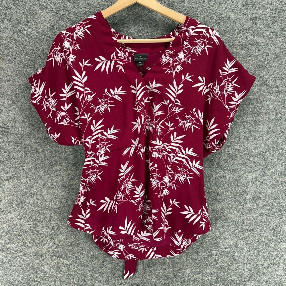 Worthington Blouse Women XS Red Floral V-Neck Short Sleeve Pullover Casual